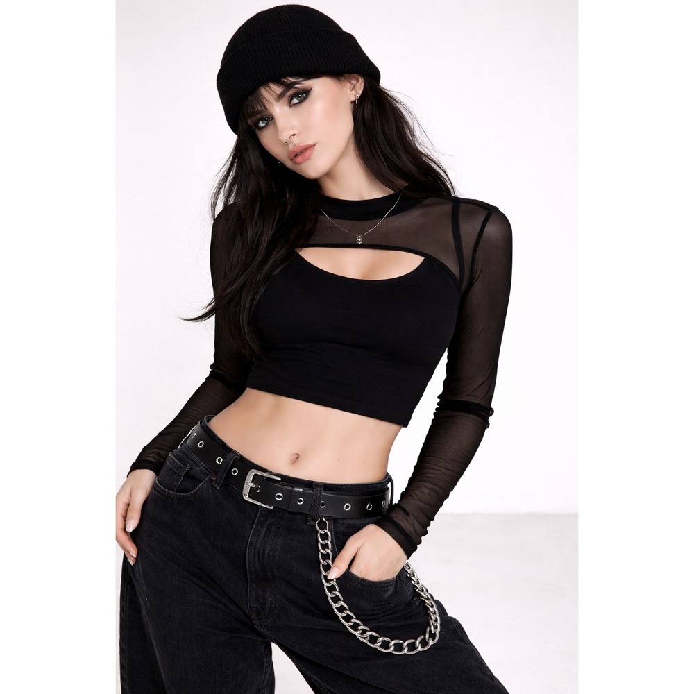 Black Sheer Mesh Crop Top Size Small‎ Goth Grunge Skater Streetwear Layering Emo